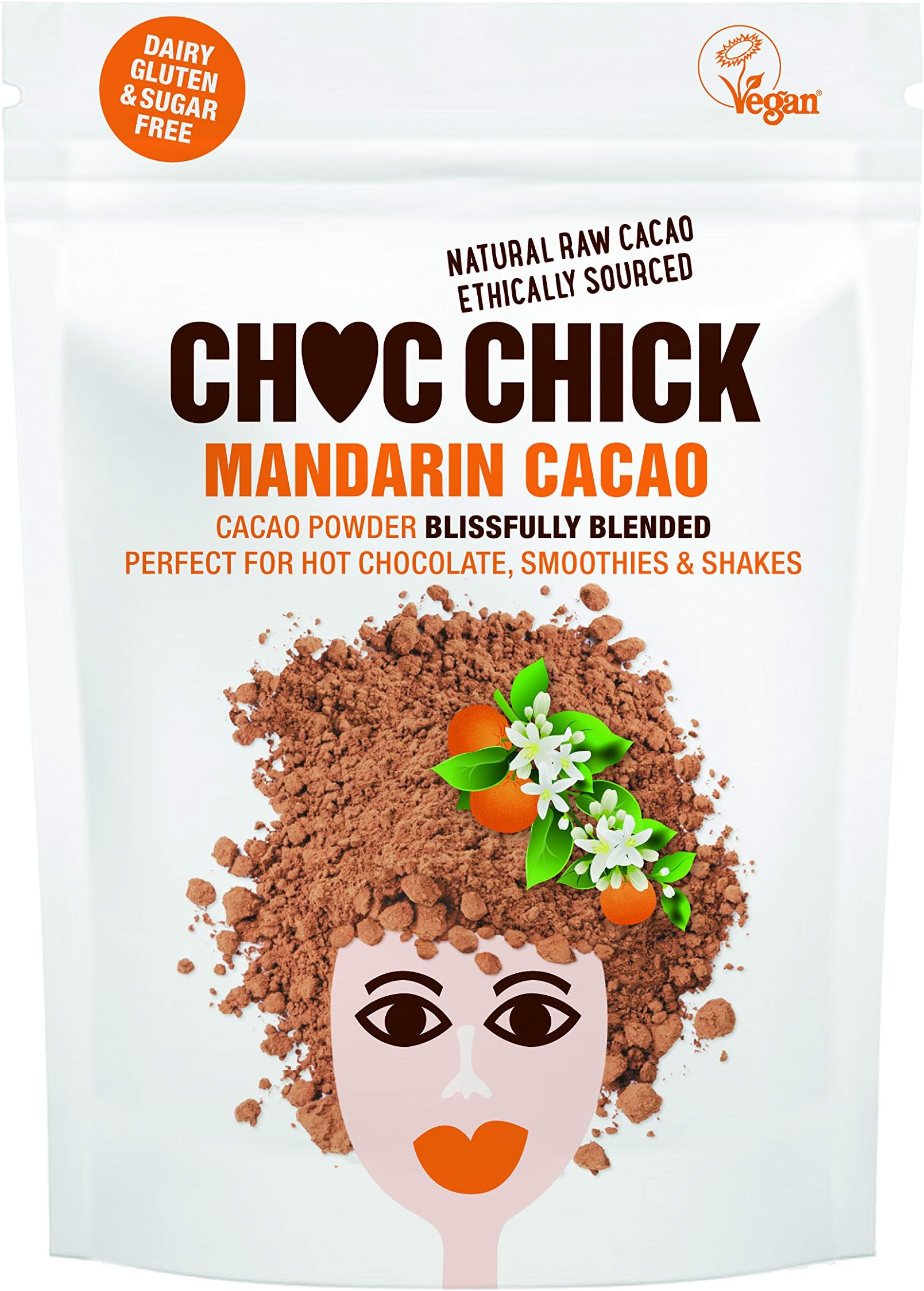 Choc Chick Mandarin & Organic Raw Cacao Powder Blissful Blend - Sugar Free - Vegan - Gluten Free – 250g