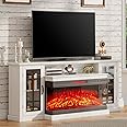 AMERLIFE 75in 3-Sided Glass Fireplace TV Stand for TVs up to 85", Rustic Media Entertainment Center Console Table with Glass Door Closed Storage, Distressed White