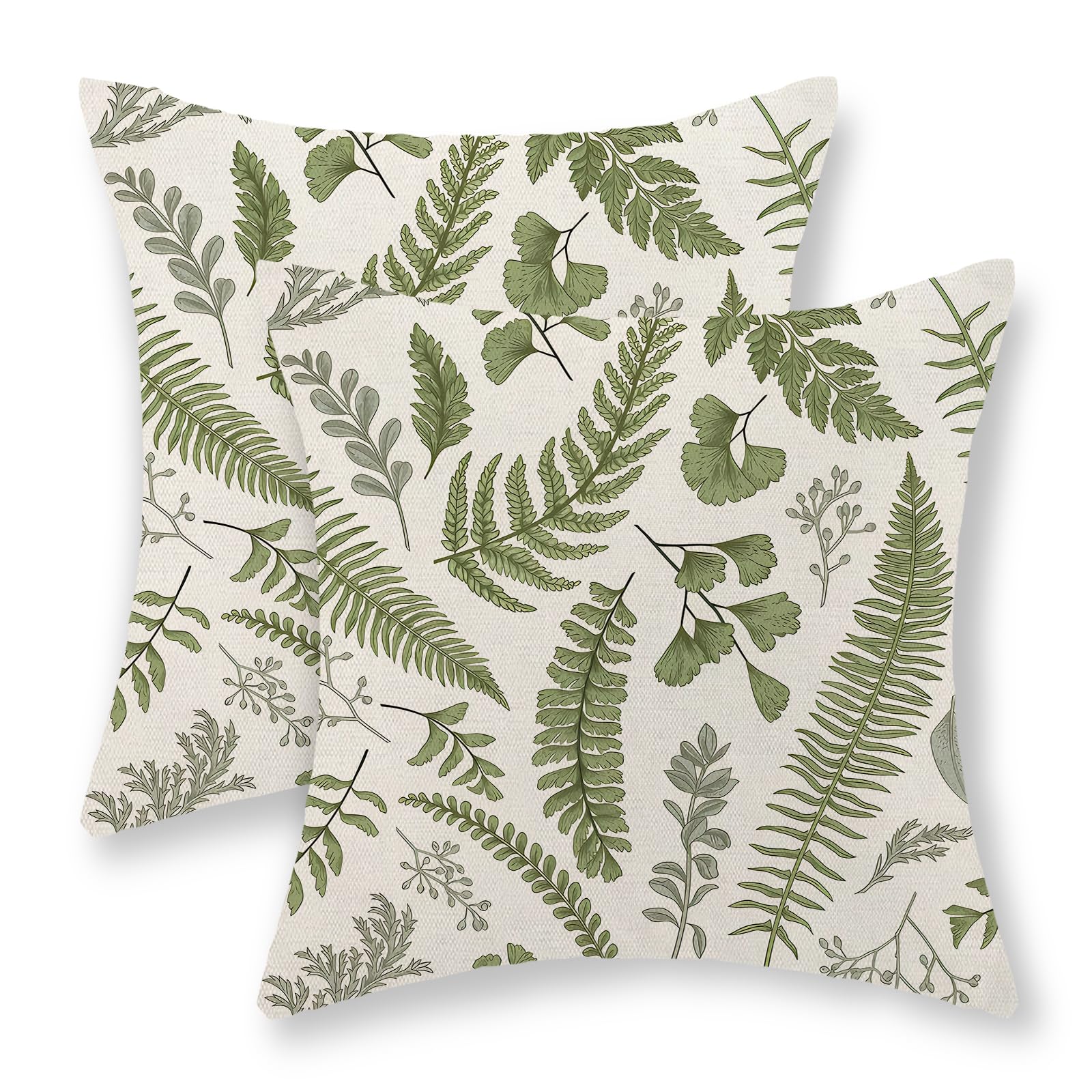 Photo 1 of GOLIANDA Spring Sage Green Pillow Covers 18x18 Set of 2 Leaf Plant Decorative Pillow Cases Tropical Fern Herbs Botanical Leaves Floral Cushion Cover Vintage Decor Outdoor Throw Pillows for Couch Sofa
