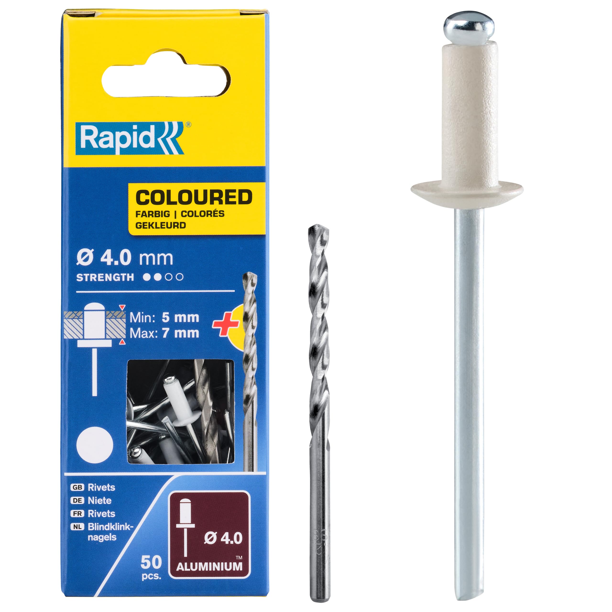Rapid High Performance White Aluminium Rivets, Ø4 x 10 mm - 4mm Rivets for Gutters, Piping, and Sheet Metal - Includes Drill - 50 Pieces, Carton Boxed (5001463)