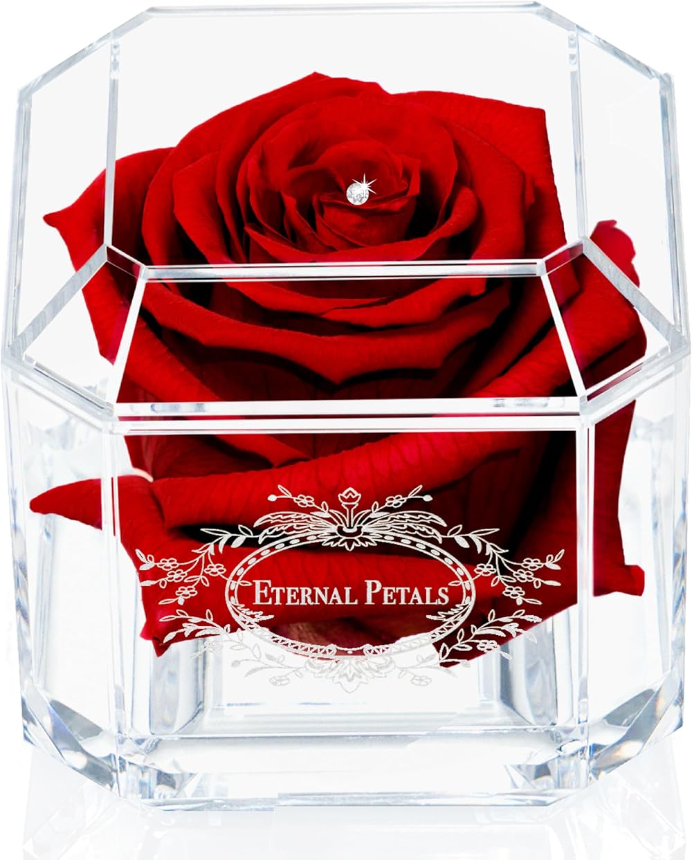 Eternal Petals Real Rose Lasts Years White Gold Solo with Clear Crystal