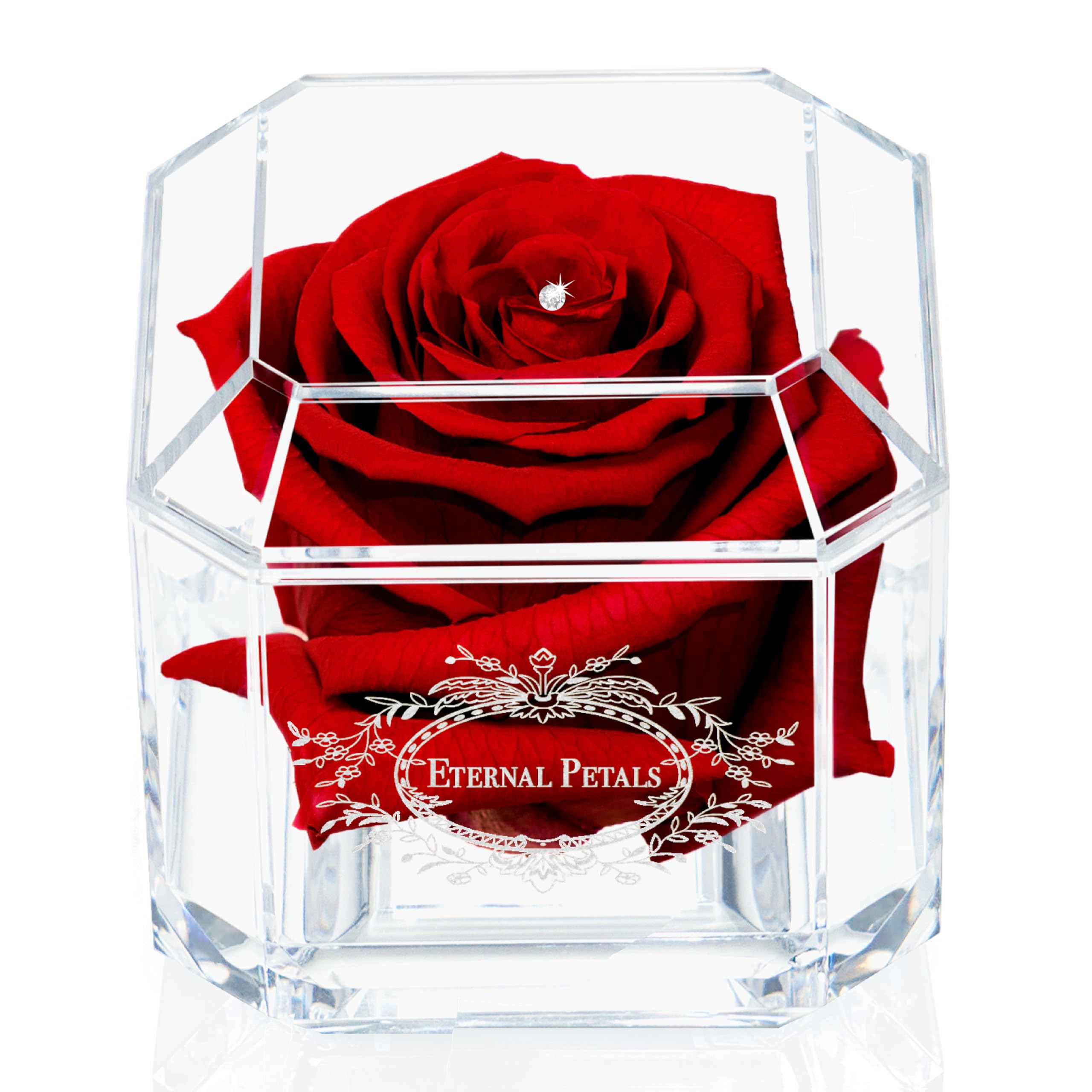 A 100% Real Rose That Lasts Years - Eternal Petals, Handmade in UK, Flowers Delivery Next Day Prime– White Gold Solo with A Clear Crystal (Deep Red)