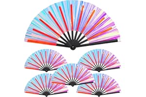 Purpeak 6 Pcs Large Folding Fans for Line Dancing 13" Big Holographic Rave Handheld Fans Popping Clapping Fans Boots on the Ground Fan for Women(Blue)