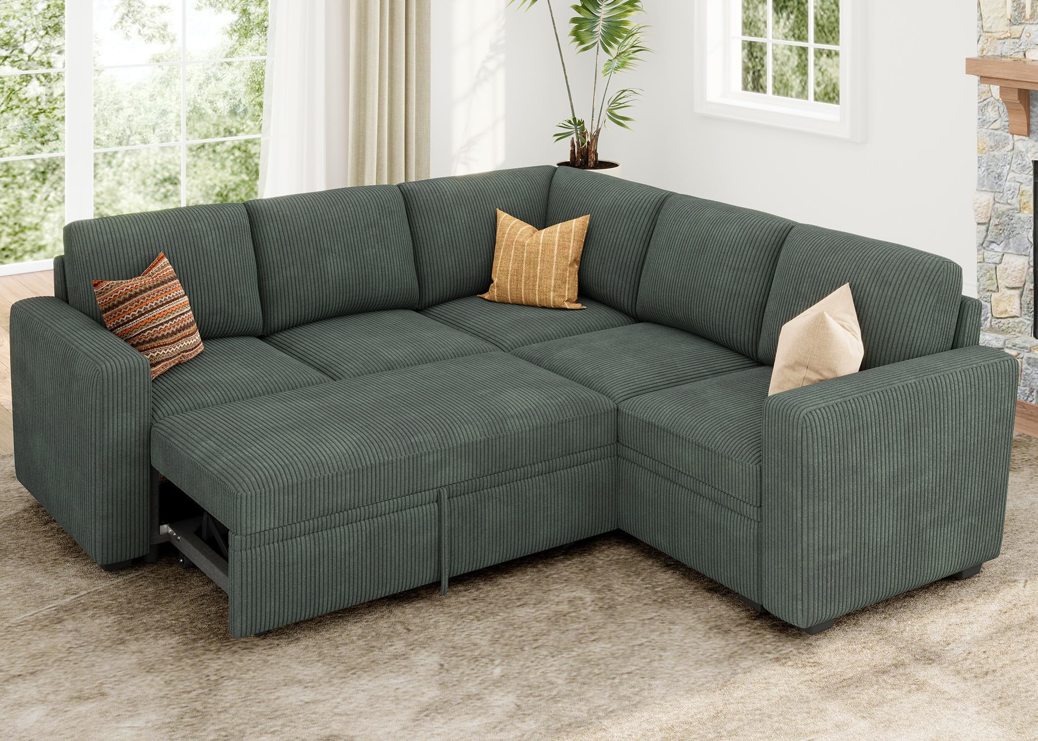 Photo 1 of *PARTIAL SET*
HONBAY Sectional Sleeper Sofa with Pull Out Bed, Corduroy L Shaped Couch with Storage, Modular Sectional Couches for Living Room, Green
