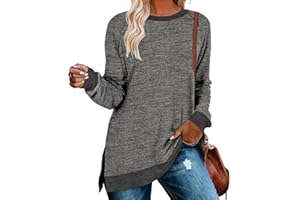WELINCO Womens Long Sleeve Crewneck Striped Pullovers Color Block Side Split Tunic Tops