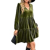 R.Vivimos Womens Fall Winter Velvet Tunic Dress 2026 Long Sleeve V Neck Casual Loose Tiered Ruffle Mini Dress