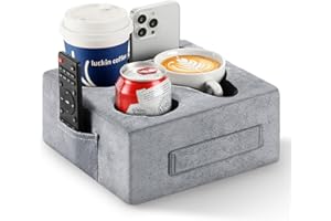 Luxspire Couch Cup Holder Tray, Couch Cup Holder Pillow with 4 Holes, Side Pocket and Handle, Couch Caddy Pillow for Phone/Drinks/Remote Control/Snacks, Gray