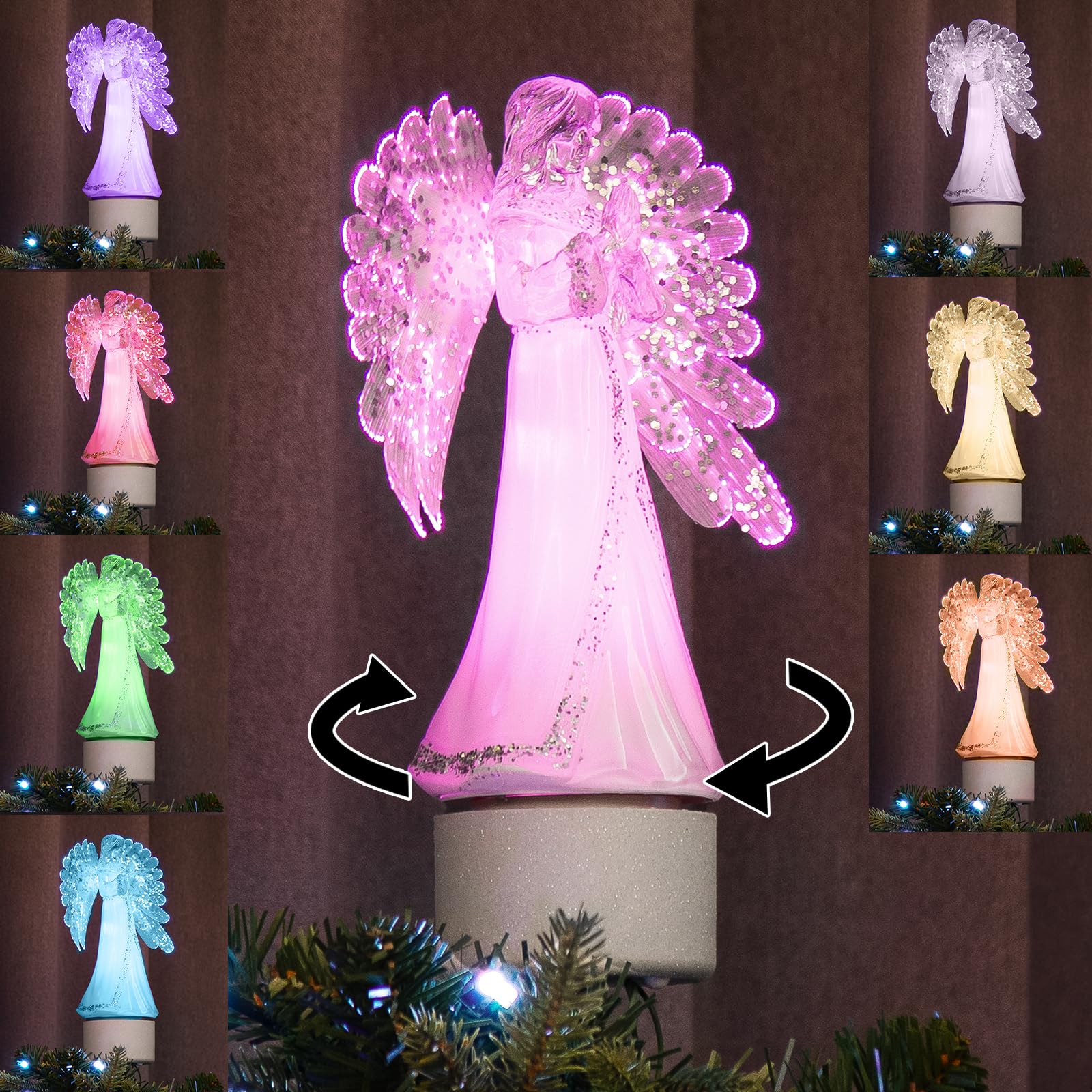 Photo 1 of PEIDUO Christmas Angel Tree Topper, Rotary Xmas Tree Topper with Wings and Sequin, Lighted Tree Topper Unique with RGB Lights, Treetop Angel for Christmas Tree Decor, Plug in, 14 Inch Height