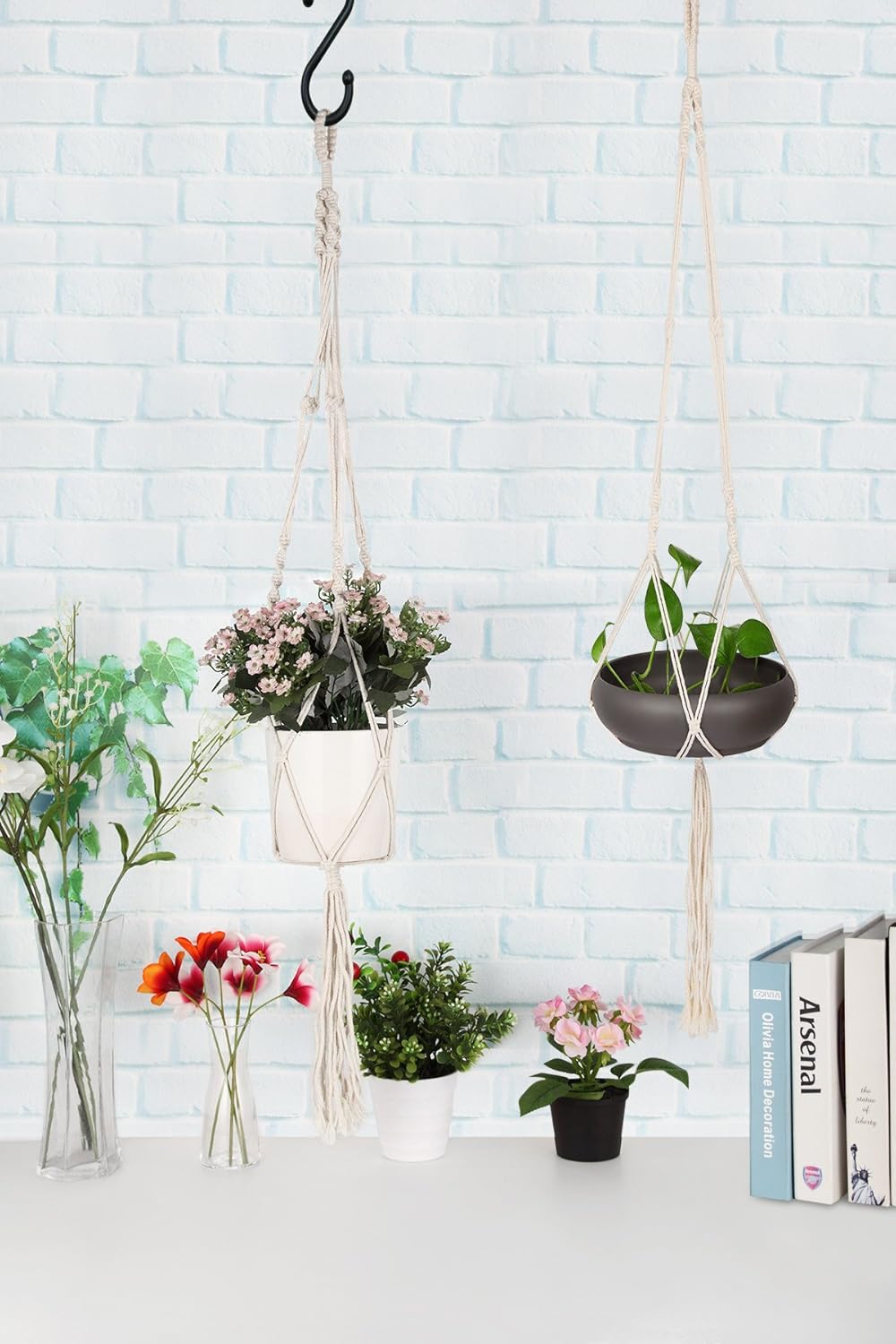 AOMGD 3 Pack Macrame Plant Hanger and 3 PCS Hooks Indoor Outdoor Hanging Plant Holder Hanging Planter Stand Flower Pots for Decorations - Cotton Rope, 4 Legs, 3 Sizes: Garden & Outdoor