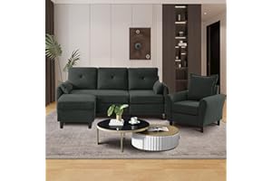 Tornama Sectional Sofa Set 77" Convertible Sofa and Accent Chair Small 3 Seat L Shaped Couch with Reversible Ottoman and Side Pockets, Modern Linen Couch for Living Room, Office, Apartment, Black
