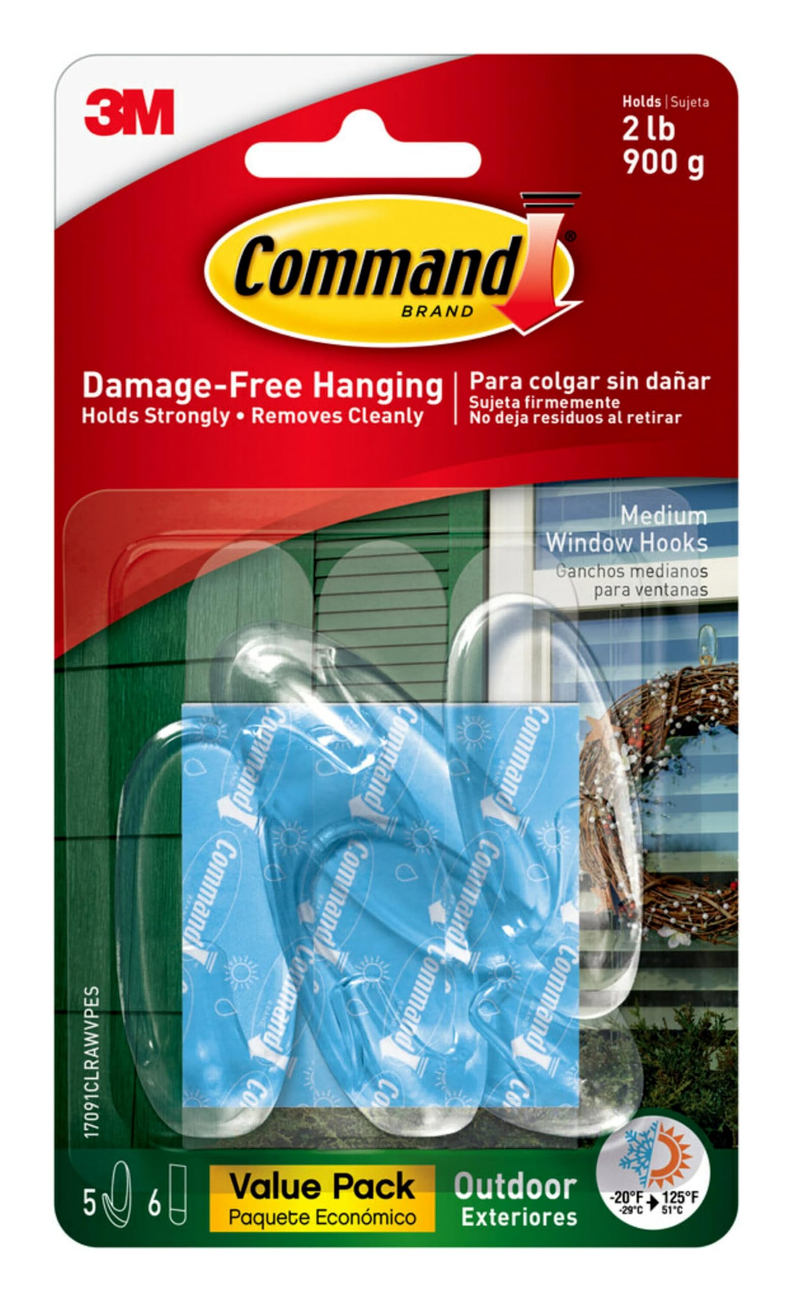 Command Outdoor Medium Clear Wall Hooks, 5 Hooks and 6 Strips, Damage-Free Hanging Wall Hooks for Hanging Outdoor Wall Decor with Weather Resistant Strips, Holds up to 2 lb
