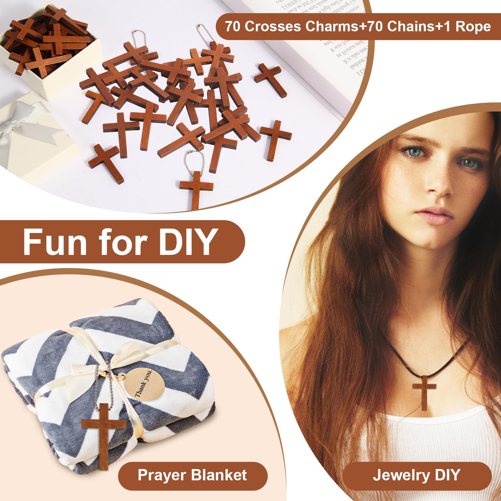 Gtudkae 1 Box Wooden Pocket Cross Contains 70 Cross Charms and 70 Chains, Pure Natural Wooden Crosses Pendants for Church Praying,Easter, Christian Gifts, Crafts for DIY Jewelry, Keychains