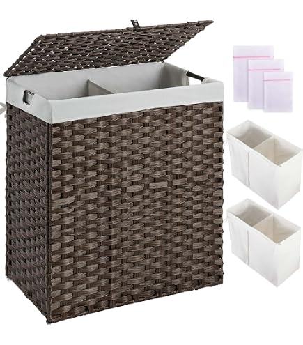 Greenstell Laundry Hamper With Wheels - 50L Slim Rattan Basket, 2 Removable Liner & Mesh Bags - View #7