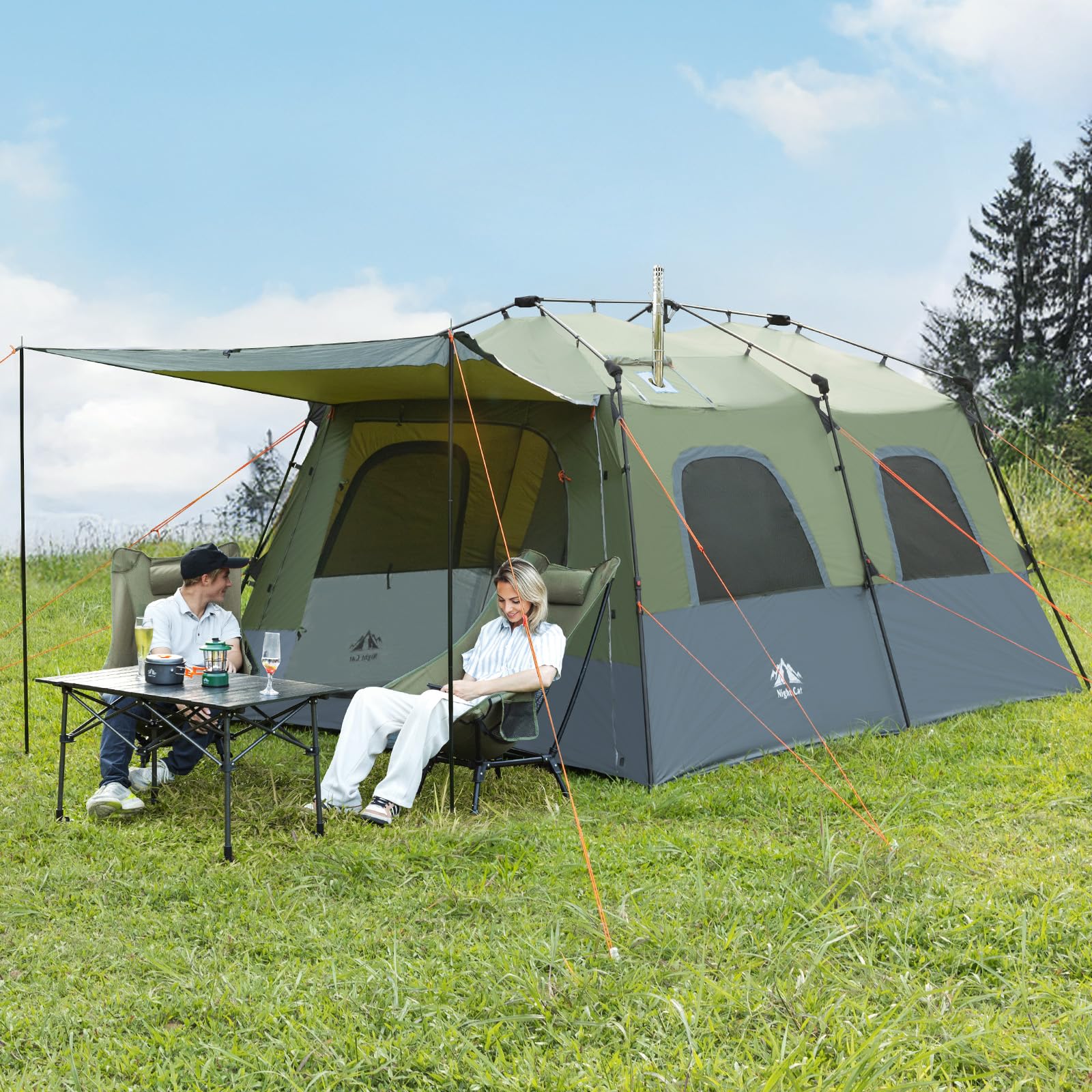 Photo 1 of *Dirty* Night Cat 8-Persons Camping Tent: Large Waterproof Instant Cabin Hot Tent with Canopy and Stove Jack for Family Glamping