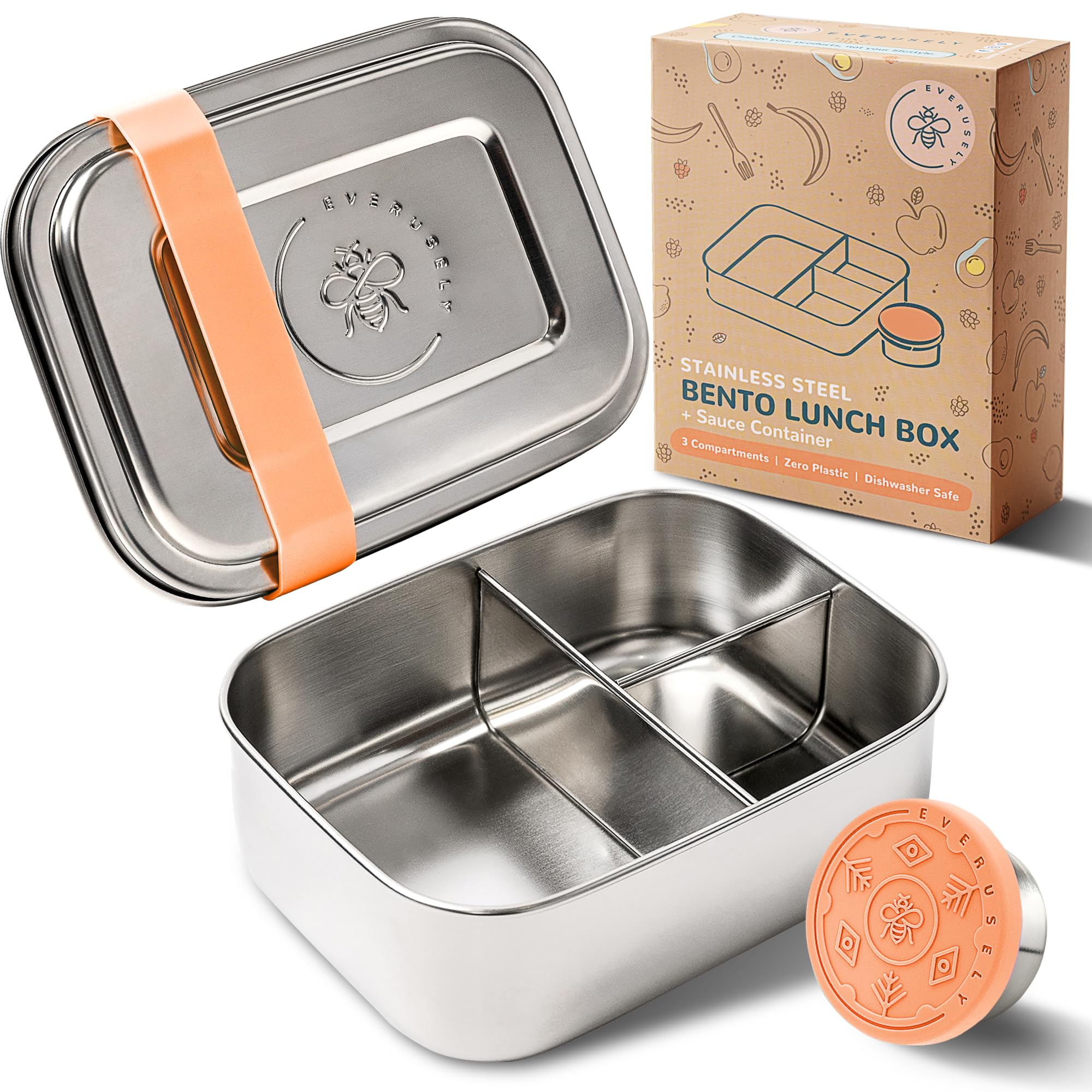 Photo 1 of Everusely - Bento Box - Orange, 27oz / 0.8 L - Stainless Steel Lunch Box with Leakproof Condiment Container - 3 Compartment Snack Organizer for On the Go Meals - Freezer & Dishwasher Safe