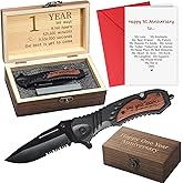 Leriton One Year Paper Anniversary Keepsake Gifts for Him 1st Anniversary Paper Gifts Engraved Pocket Folding Knife with Wood Box Customized Wedding Birthday Favors for Men Outdoor Camping Activity