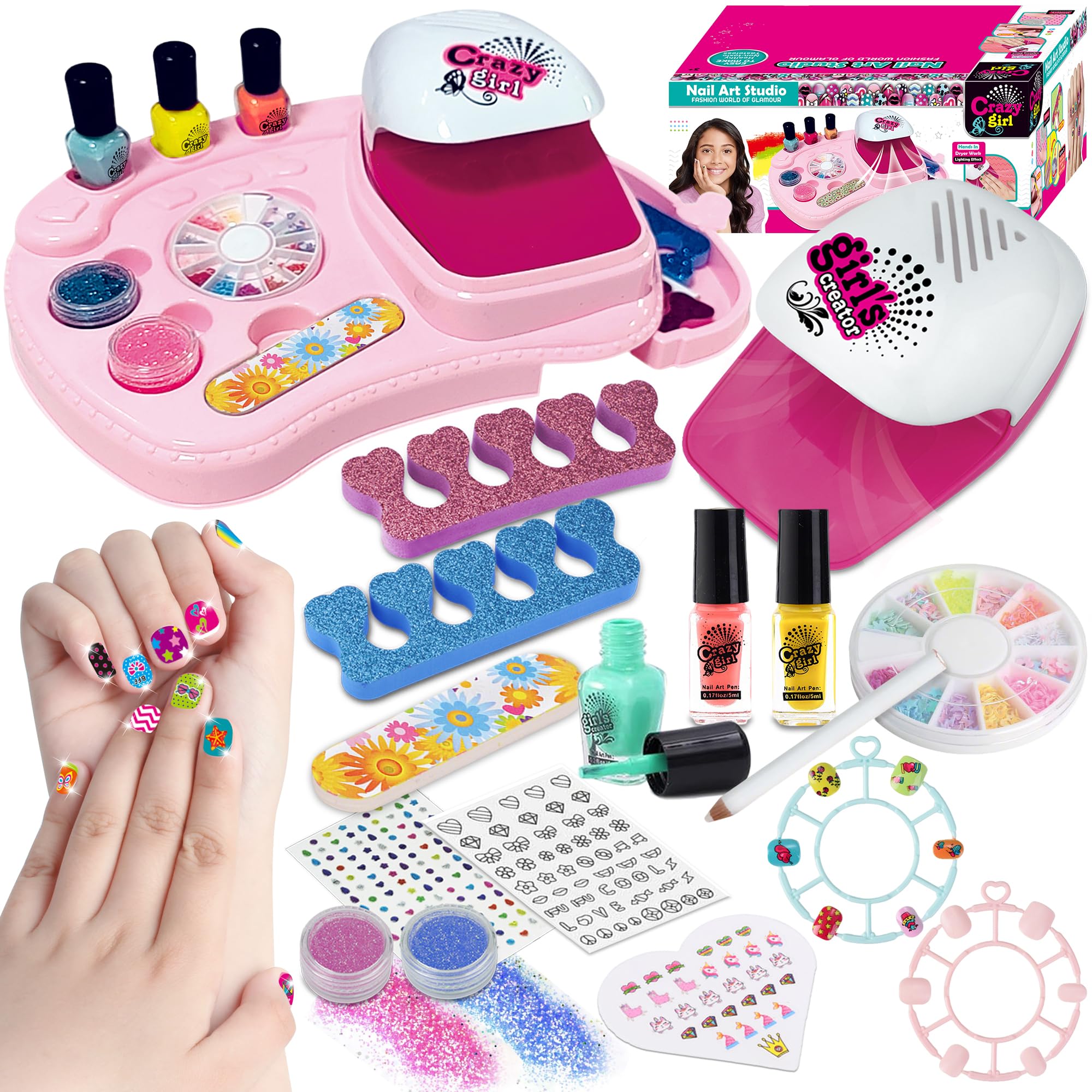 ANGREEL Kids Nail Varnish Set for Age 3 4 5 6 7 8 9 10 11 12 Girls with Nail Dryer/Nail Polish/Sticker/Glitter Kids Nail Art Kit Washable Nail Kit Makeup Sets for Girls Toys Gifts for Birthday Xmas