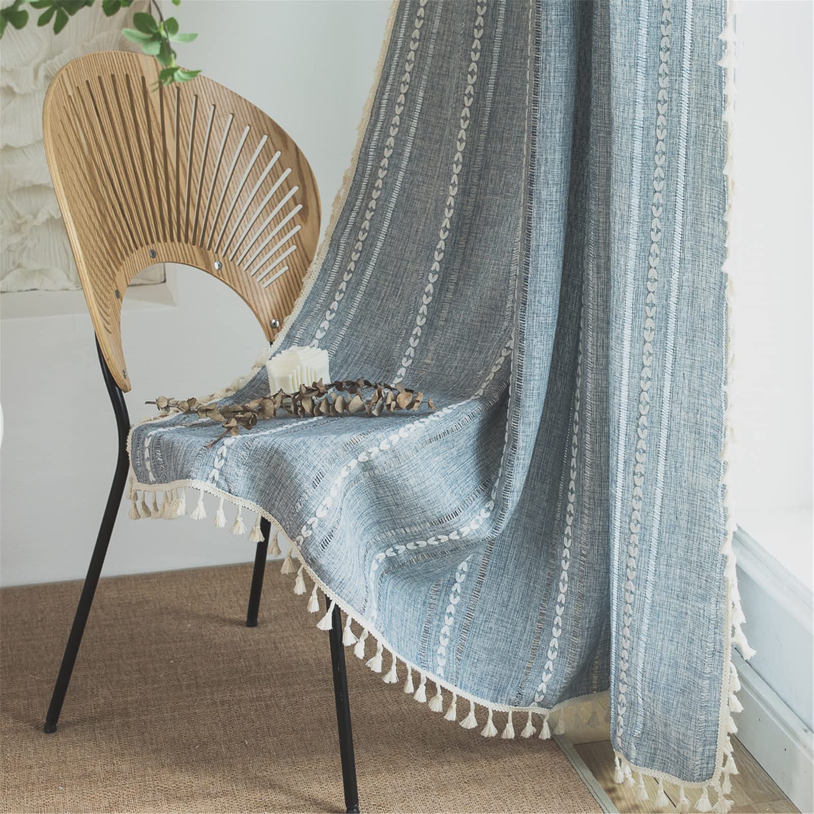 Photo 1 of 1 PANEL Sutuo Home Denim Blue Boho Curtains 84 Inches Long for Bedroom&Living Room,Bohemian Light Filtering French Country Linen Farmhouse Vintage Chic Tassels Hollow Window Treatment Drape, 1 Panel 52" W