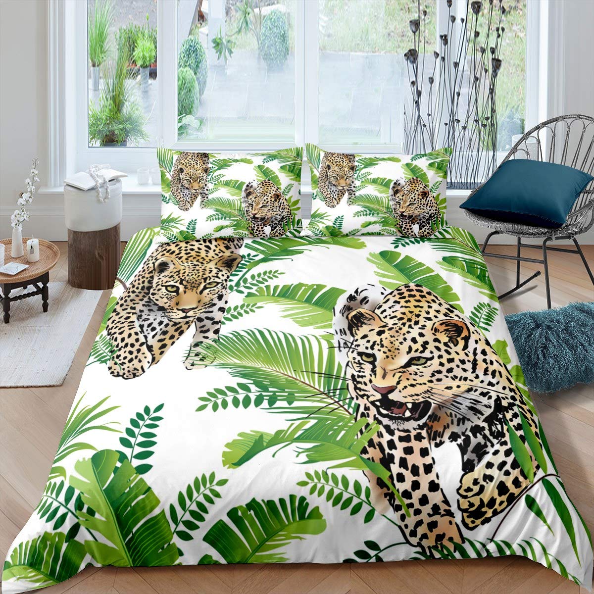 Loussiesd Leopard Bedding Set Cheetah Print Duvet Cover For Kids Children Teens Palm Leaf Comforter Cover Wild Animal Theme Bedspread Cover Tropical Leaves Bedroom Decor Quilt Cover 3Pcs King Size — image 1