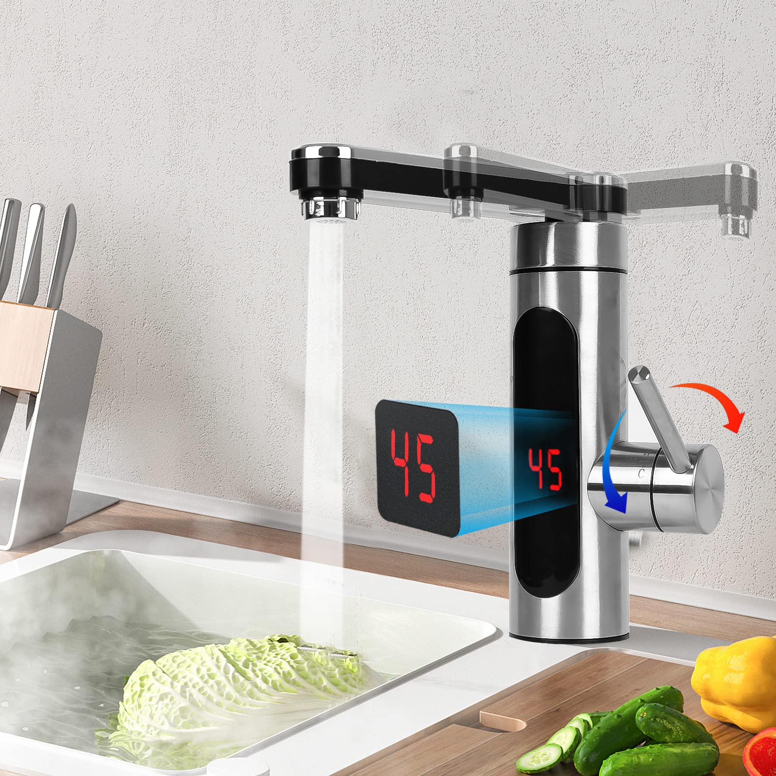 EUNEWR Instant Heating Faucet,3300W Tankless Quick Hot Tap with LED Digital Display,360º Swivel 304 Stainless Steel Heating Tube Electric Hot and Cold Water Heater Mixer Faucet with 1/2 Inch Hoses