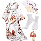 Women's Kimono Robe Geisha Yukata Sweet Tuxedo Ruffle Dress Blossom Satin Bathrobe Sleepwear Fans Tabi Socks Set