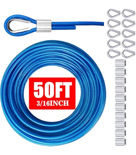 3mm Coated Steel Wire Rope 19.6ft With U Clamps | 304 Stainless Steel Cable With Vinyl Coating | 99 Lbs Load Capacity For Outdoor Use