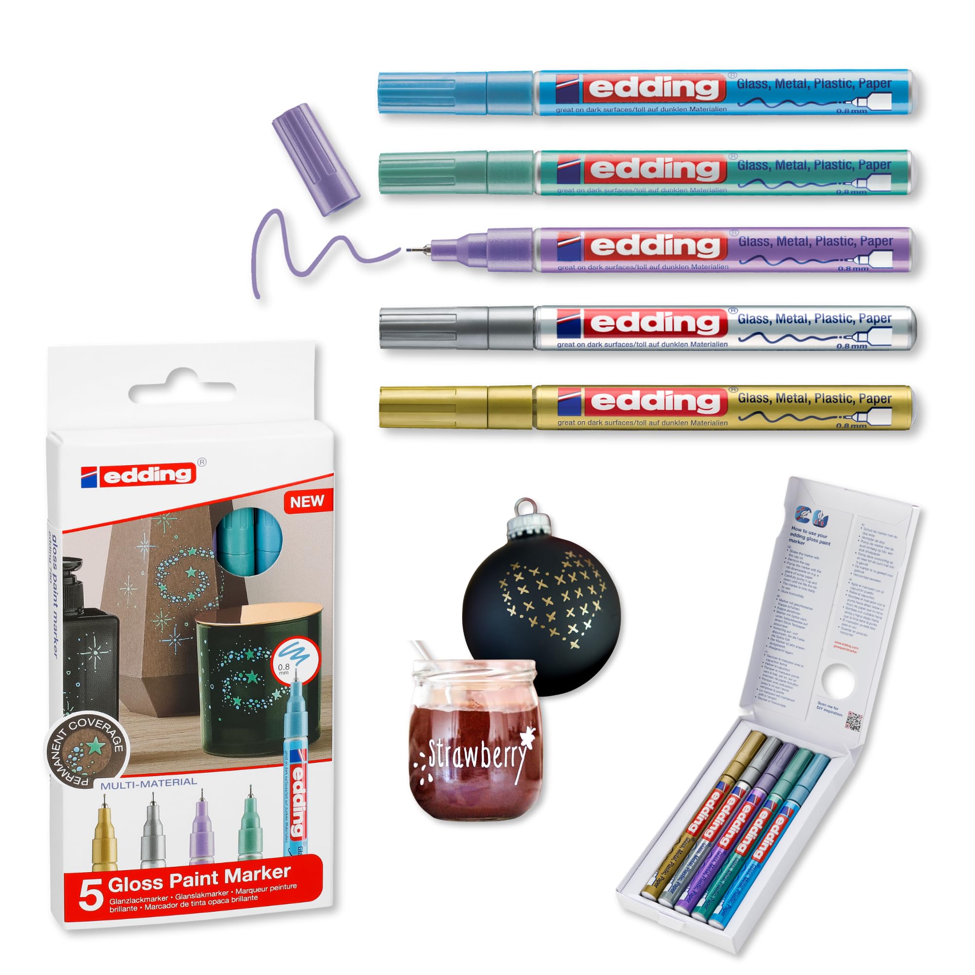 edding 780 gloss paint marker - gold silver blue green violet (metallic) - 5 paint markers - extra-fine round nib 0.8mm - paint pen for glass, pebbles, wood, plastic, paper - waterproof, high coverage