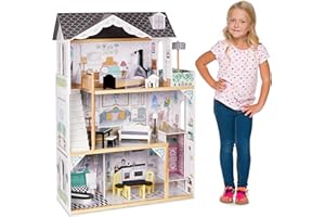 Lil' Jumbl Kids Wooden Dollhouse, with Elevator, Balcony & Stairs, Accessories & Furniture Included X-Large 3 Story Easy to Assemble Doll House Toy