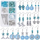 SUNNYCLUE 1 Box DIY 10 Pairs Starfish Mermaid Turquoise Earring Making Starter Kit Ocean Beach Summer Theme Earrings Synthetic Turquoise Beads Turtle Fish Crab Slipper Charm for DIY Jewelry Making