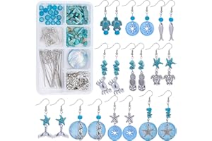 SUNNYCLUE 1 Box DIY 10 Pairs Starfish Mermaid Turquoise Earring Making Starter Kit Ocean Beach Summer Theme Earrings Synthetic Turquoise Beads Turtle Fish Crab Slipper Charm for DIY Jewelry Making