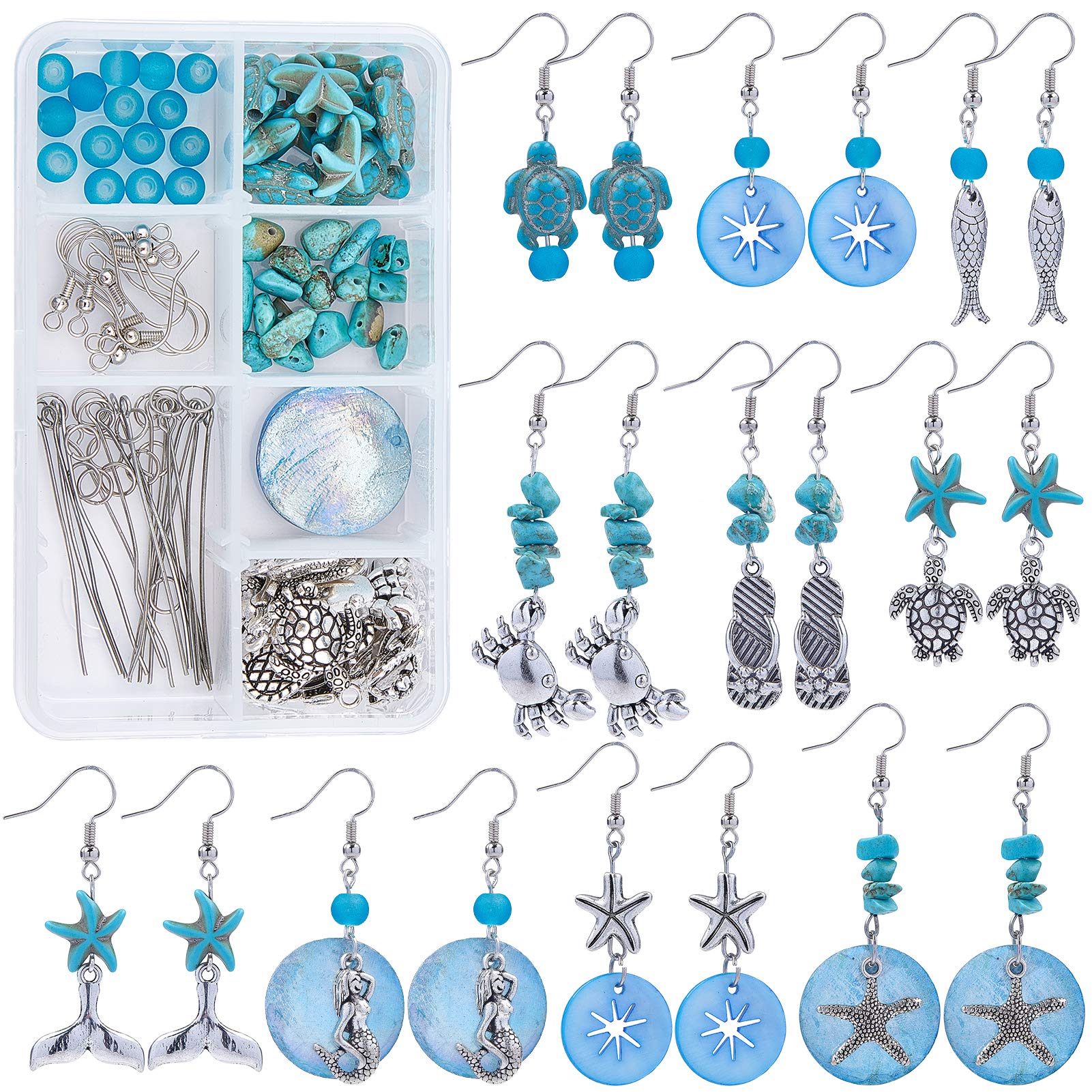 SUNNYCLUE 1 Box 10 Pairs Starfish Mermaid Turtle Crab Earring Making Kit - Ocean Beach Theme Glass & Synthetic Turquoise Beads & Brass Earring Hooks for DIY Jewelry Making Earring Accessories