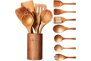 WOTTISH Wooden Spoons for Cooking - 8-Piece Wooden Kitchen Utensil Set made of Natural Solid Wood Material - Includes Spoons, Spatulas, Ladles, Strainer Spoon, Salad Fork, Mixing Spoon and Utensil Holder