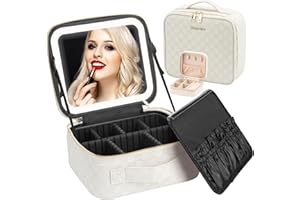 Seoneiro Makeup Travel Bag with LED Lighted Mirror Adjustable Brightness Portable Waterproof Makeup Case with Adjustable Dividers, Make up Train Case Organizer Makeup Brush Accessories and Tool Case