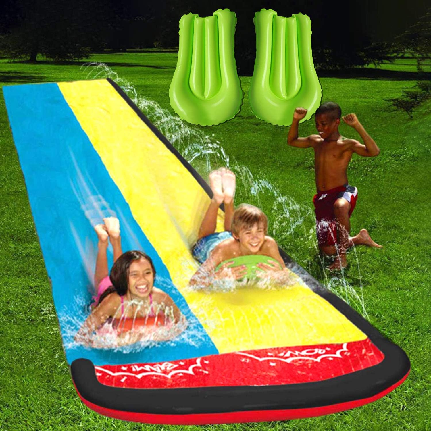 Lawn Water Slides for Kids Adults - Garden Backyard Giant Racing Lanes and Splash Pool, Outdoor 15.7FT Water Slides with Crash Pad Outdoor Water Toys: Kitchen & Dining