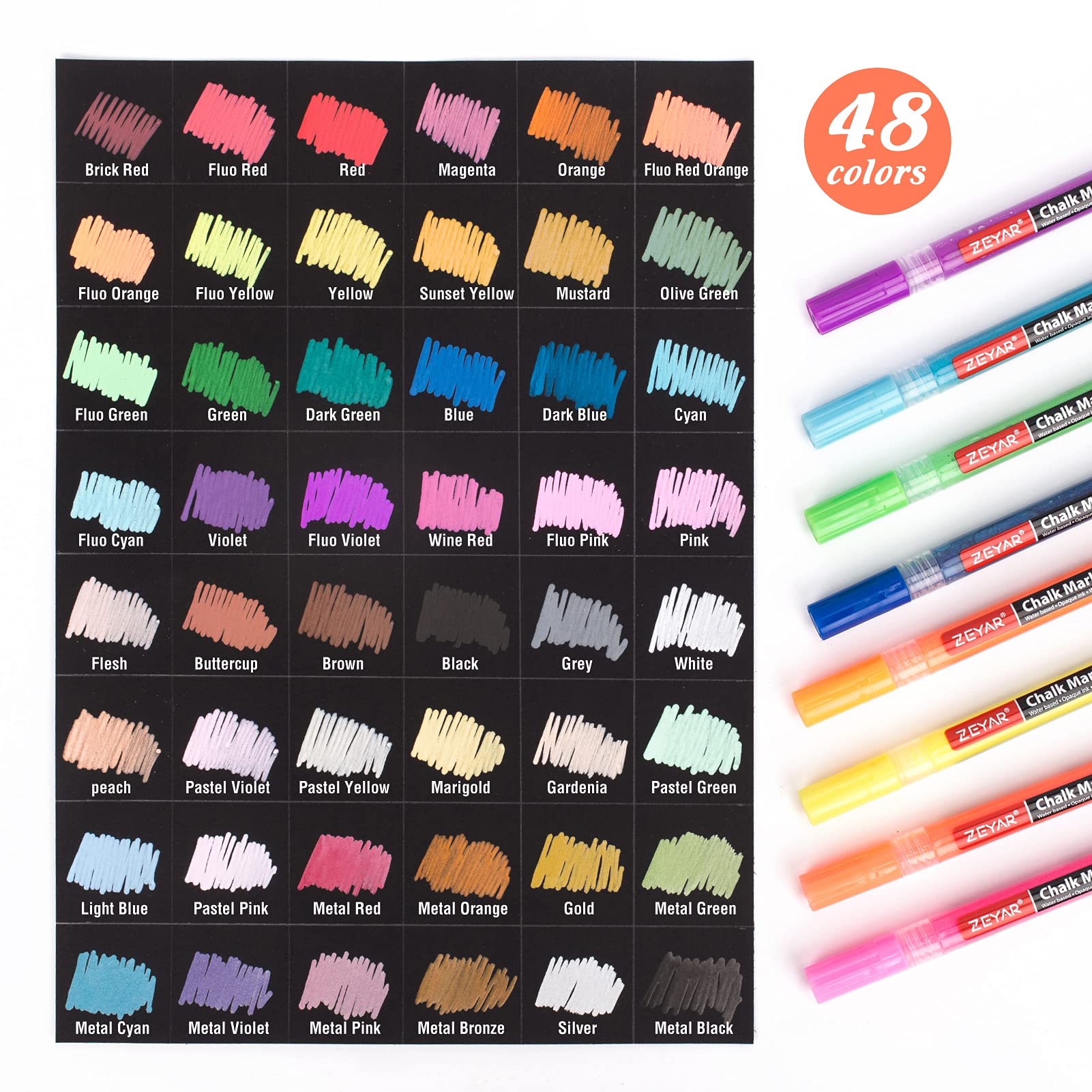 ZEYAR Liquid Chalk Marker, Wet Erase Marker, Water-Based Opaque Ink, Fine Tip for Detailed Drawing, Writes on Nonporous Chalkboards, Bistro Boards, Windows, Plastic and more (48 Full Colors)