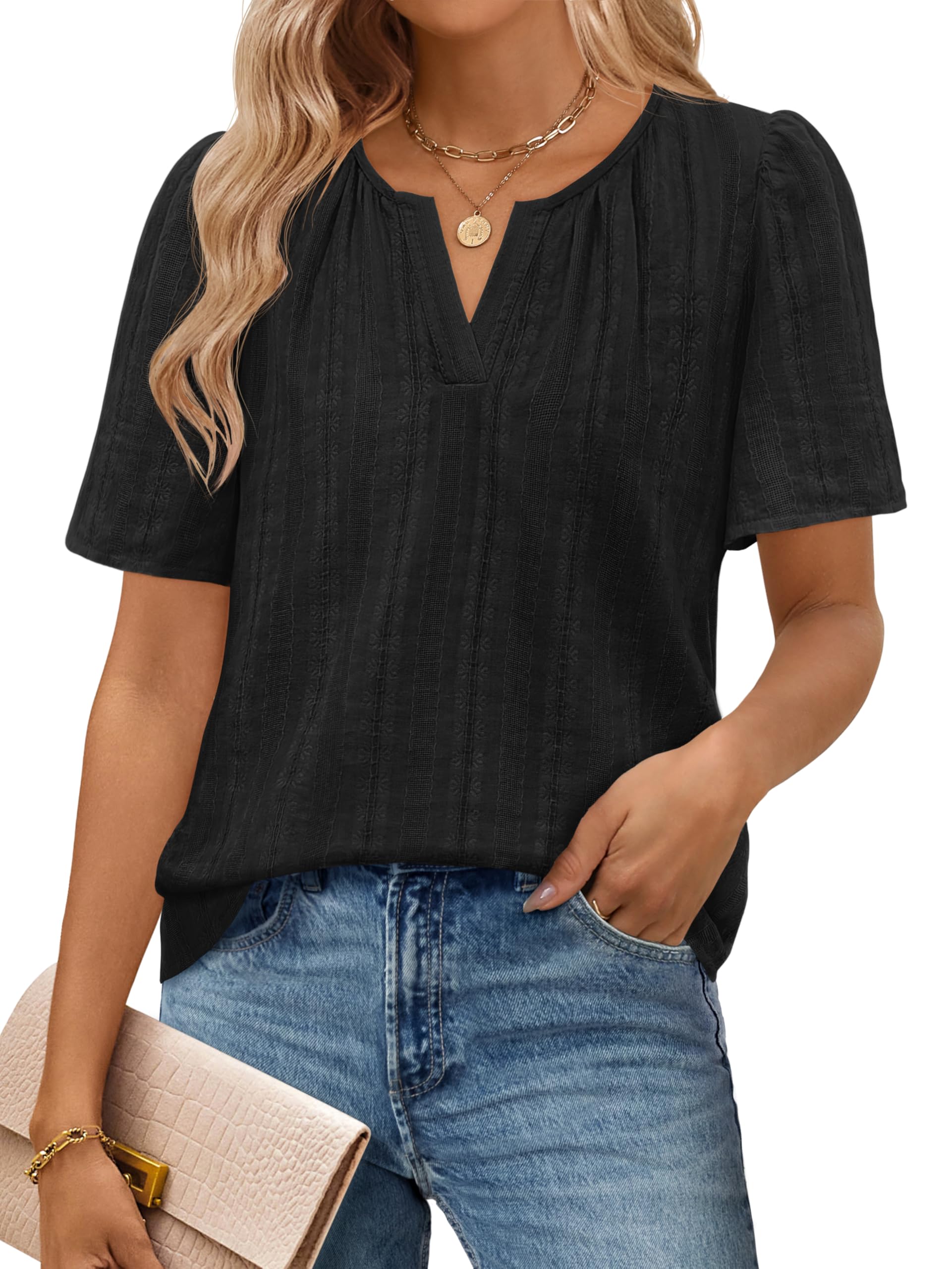 Photo 1 of MEROKEETY Women's Summer Business Casual Blouse Tops Dressy Short Sleeve V Neck Loose Fit Work T Shirts, Black, Large