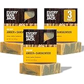Every Man Jack Cold Processed Mens Bar Soap - Subtle Amber + Sandalwood Scent - Deeply Cleans & Hydrates w/Naturally Derived Ingredients - (3 Pack)
