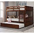 MERITLINE Detachable Full Over Full Bunk Bed with Trundle，Solid Wood Detachable Full Size Floor Bunk Bed for Kids,Walnut Bunk Bed Full