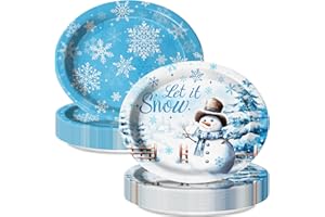 LINHAXM 30 Count Christmas Paper Plates, 9 x 11 Inch Large Disposable Christmas Snowman & Snowflakes Oval Plates for Holiday Xmas Dinnerware Table Decorations