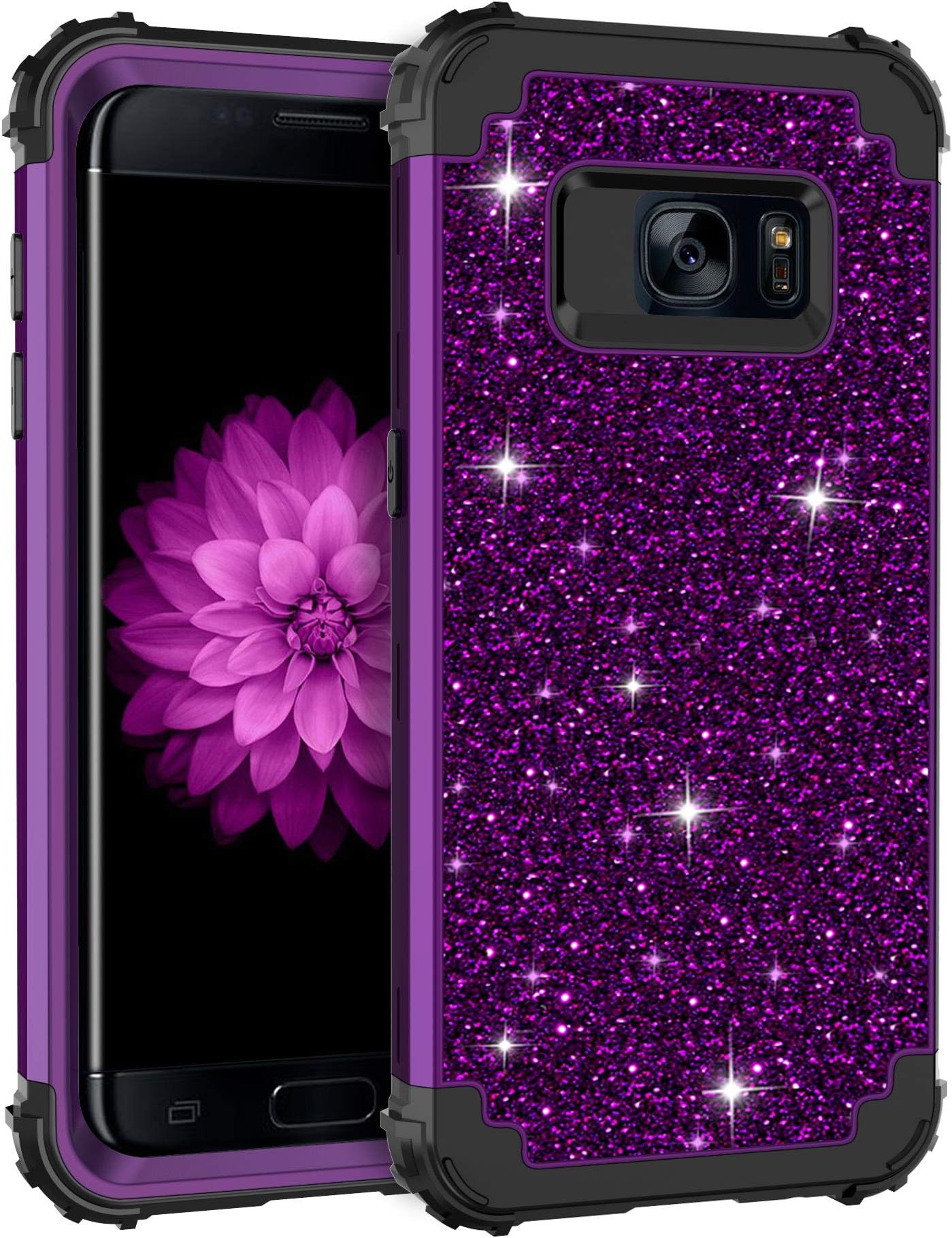 Pandawell Compatible Galaxy S7 Case Luxury Glitter Sparkle Bling Heavy Duty Hybrid Sturdy Armor High Impact Shockproof Protective Cover Case for Samsung Galaxy S7 - Shiny Purple/Black