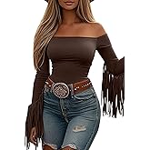 ZEXIGLAD Off The Shoulder Fringe Tops for Women Western Cowgirl Outfits Stretchy Fall Long Sleeve Crop Tassel Shirts Y2K