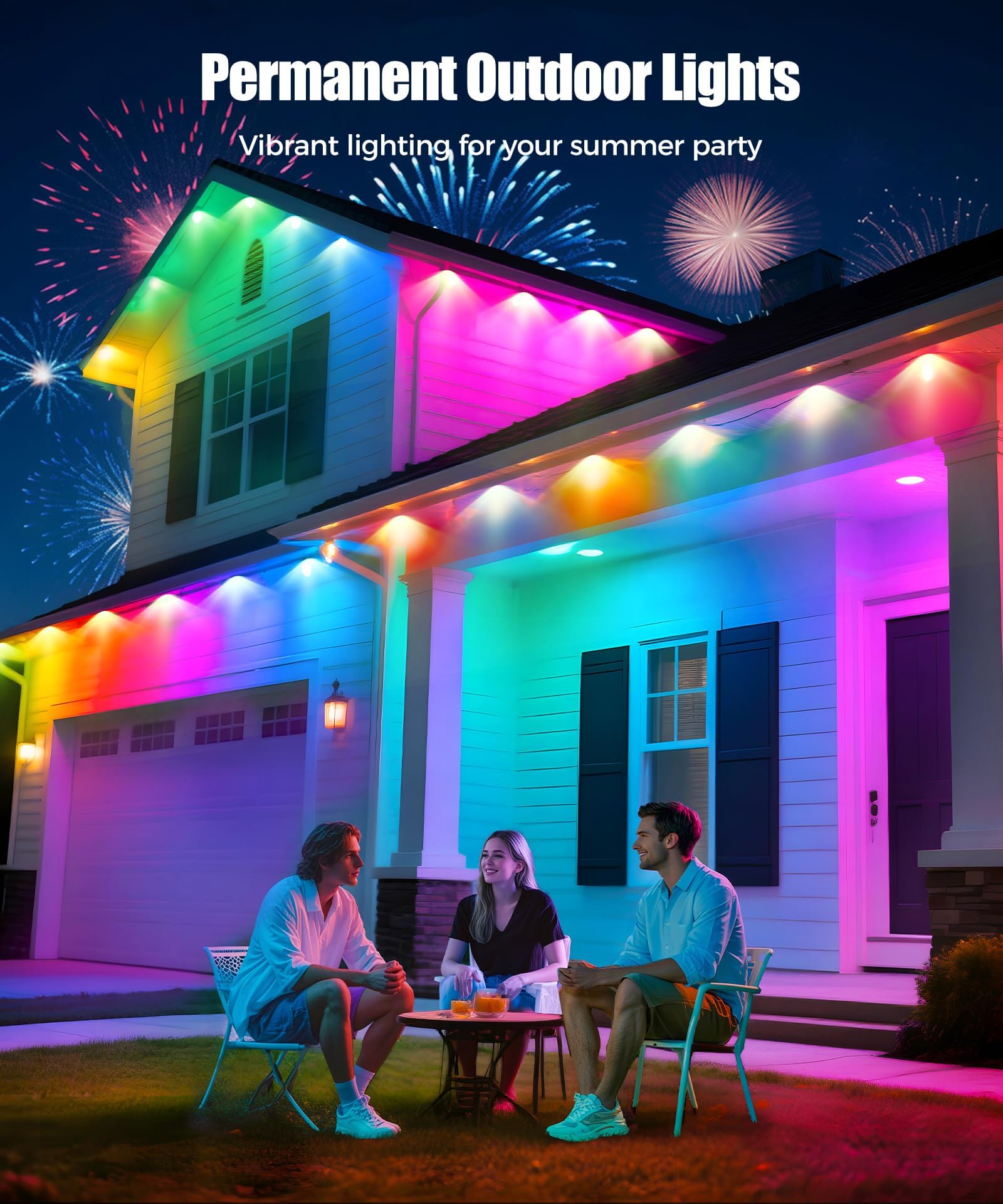 POOFZY Permanent Outdoor Lights for House,100ft RGB+IC Smart Outdoor Decor, 50 Scene Modes,App/Remote Control,IP67 Waterproof,for Christmas,Halloween,Daily & Holiday Party Decor,House Roof Lighting