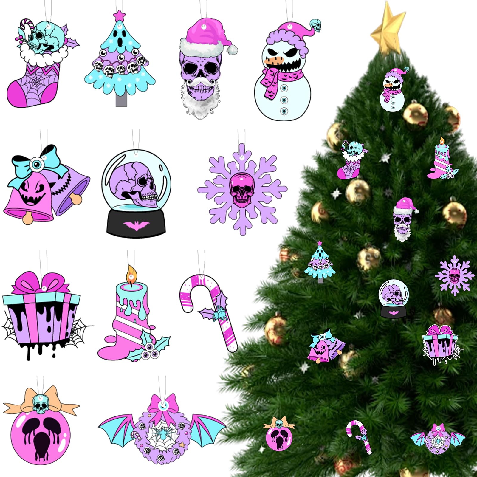 Fangleland Pastel Christmas Gothic Wooden Ornaments for Tree, Spooky Gothic Skull Crystal Ball Snowman Hanging Decorations for Xmas Winter Holiday Party Outdoor Indoor