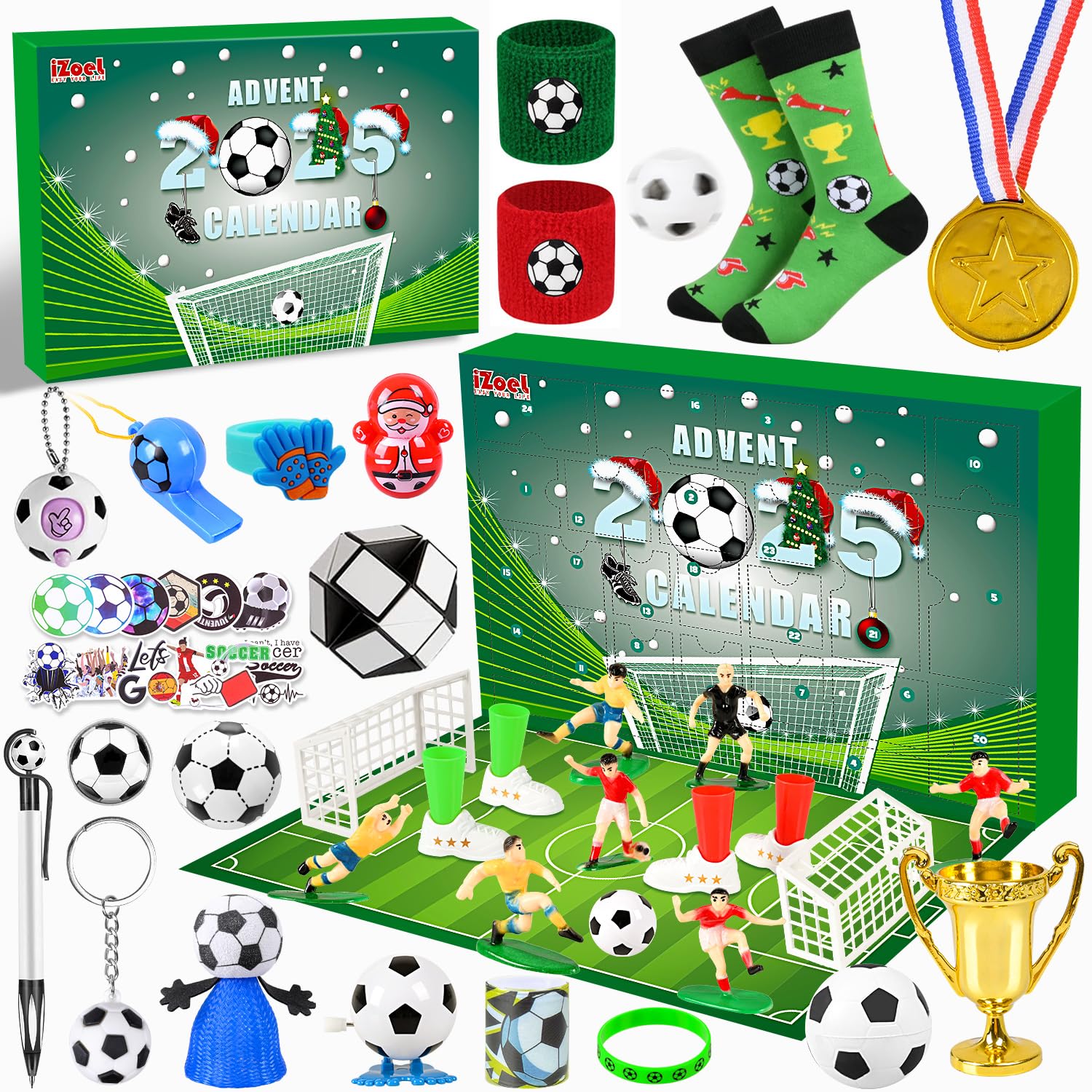 iZoeL Football Advent Calendar for Boys Girls 2025 World Football Gifts with Football Medal Whistle 24 Christmas Countdown Advent Calendar Christmas Stocking Gifts for Football Fans