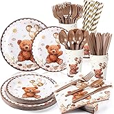 Bokon 200 Pieces Bear Baby Shower Decorations for 25 Guests Baby Shower Paper Plates Napkins Sets Bear Theme Party Supplies Including Plates Cups Spoons Napkins Knife Forks Straws