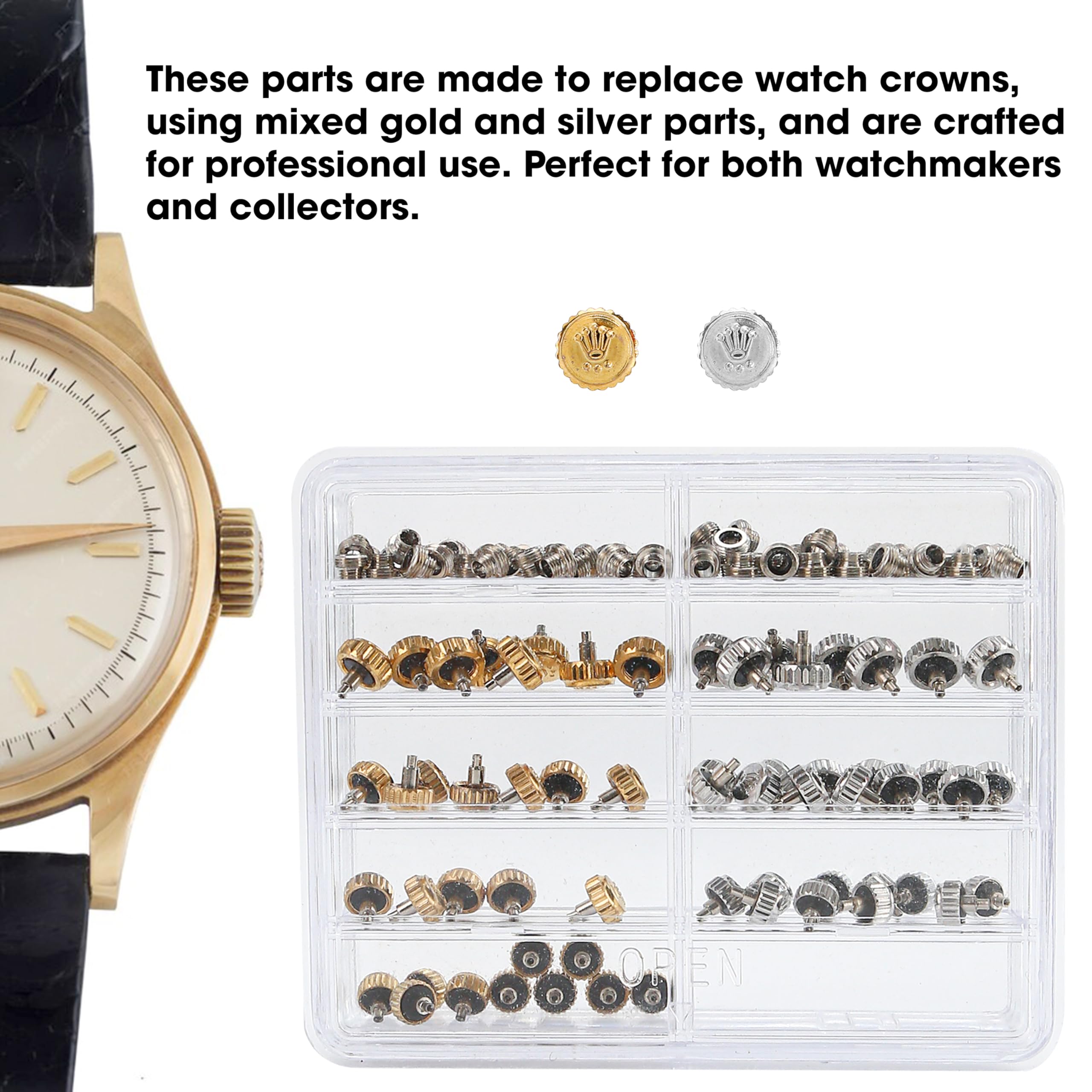 120PCS Watch Crown Replacement Fit for Rolex Calibre 3135 3235 3335, Waterproof Down Screw Copper Bronze Link Accessories Assortment Part Kit, Spare Repairing Removal Tool(Assorted Silver Gold)