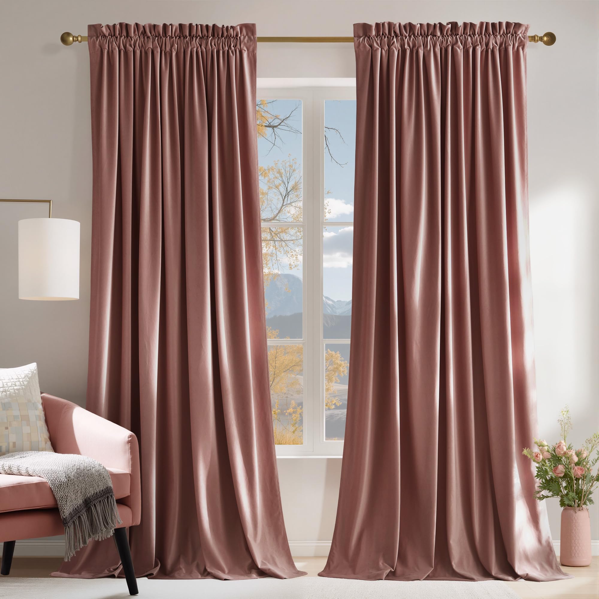 NICETOWN Pink Velvet Curtains 120 inches - Blackout Curtains for Living Room, Thermal Insulated Soundproof Panels Soft Luxury Home Decor for Bedroom, Dusty Rose Pink, W52 x L120, 2 Panels Image