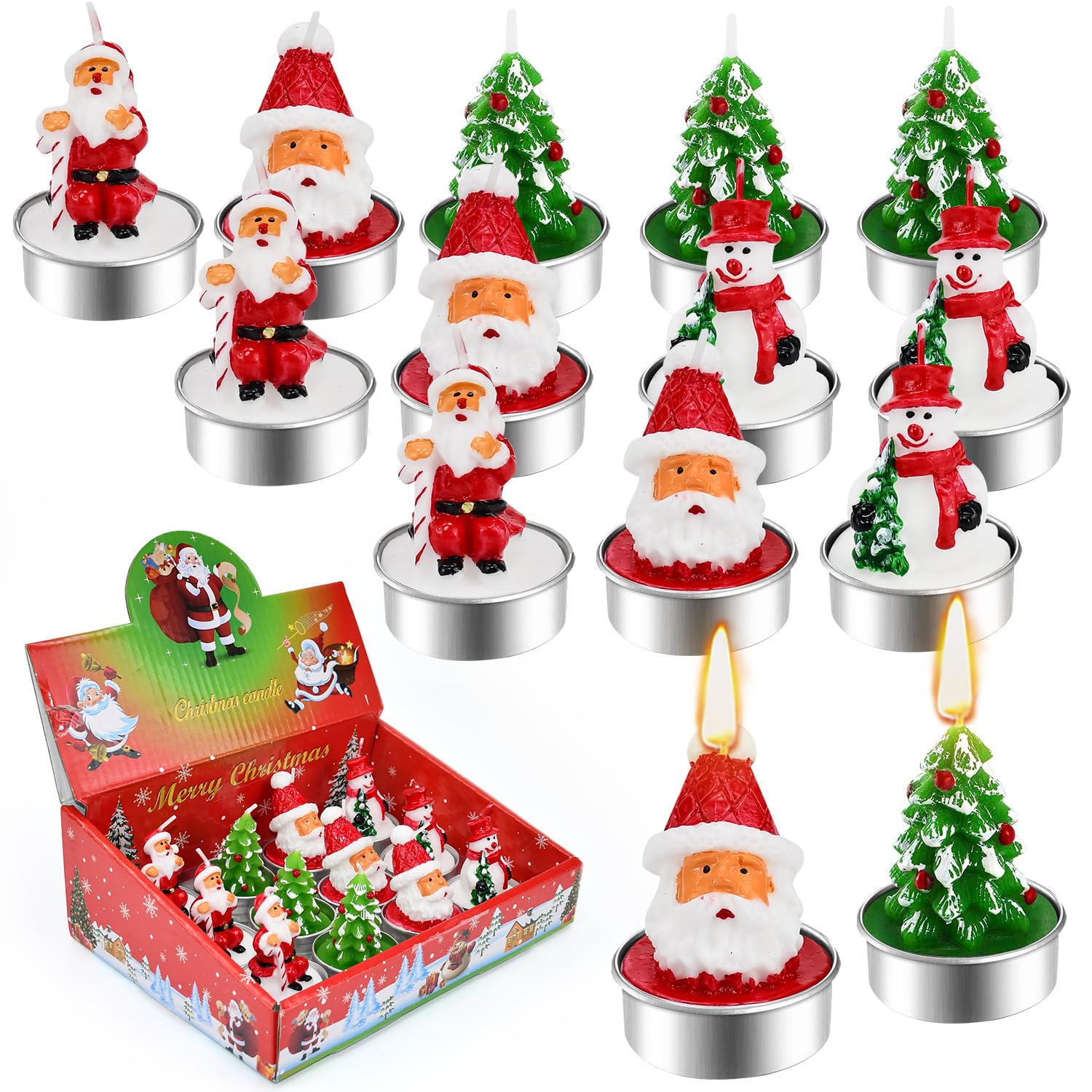 BUZIFU Pack of 12 Christmas Tea Light Candles 4 Designs Christmas Candles Handmade Delicate Santa, Snowman, Christmas Tree Candles, Candles Gift Set, Tea Lights, Christmas Candles Decoration