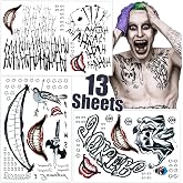 Joker Tattoos 13 Sheets,Realistic Halloween Temporary Tattoos Adult | Suicide Squad Fake Tattoo, Waterproof Tattoo Stickers, Clown Costume Accessories, Halloween Party Favors, Cosplay Face Tattoo
