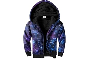 JACKETOWN Kids Fleece Jacket 3D Printed Star Hooded Sweatshirt Full Zipp Up Boys Sherpa Lined Winter Coat 6-15 Years